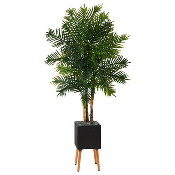 70" Areca Palm Artificial Tree, Black Planter With Stand