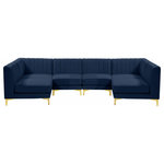 Meridian Furniture - Alina Velvet Modular U-Shaped Sectional, Navy, 6-Piece: 4 Armless Chair, 2 Corner Chair - Bring modern beauty to your space with the addition of this Alina Velvet Modular sectional. This beautiful sectional features deep channel tufting to ramp up its visual interest and add to its resilient demeanor. Its soft navy velvet upholstery blends nicely with existing elements in your room and is sleek to the touch, making this seat a super comfortable one. Part of the modular Alina collection, this sectional has a latch that attaches it to other pieces to create your custom seating arrangement.