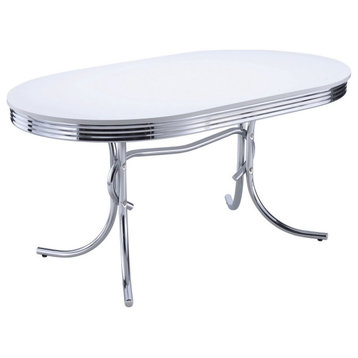 Loy 60" Oval Dining Table, Glossy White Wood Top, Ribbed Chrome Apron
