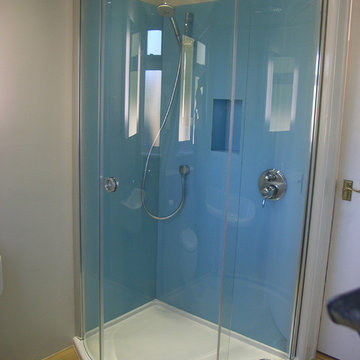 shower enclosure with blue glass shower wall and niche
