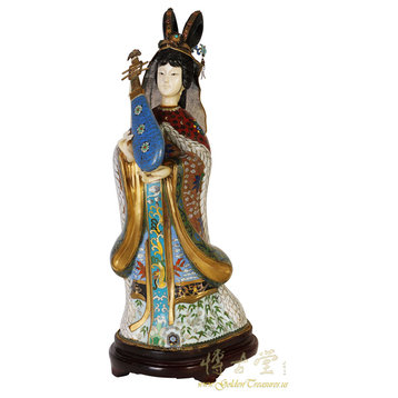 Consigned Chinese Antique Cloisonne Beauty Figurine With Musical instrument