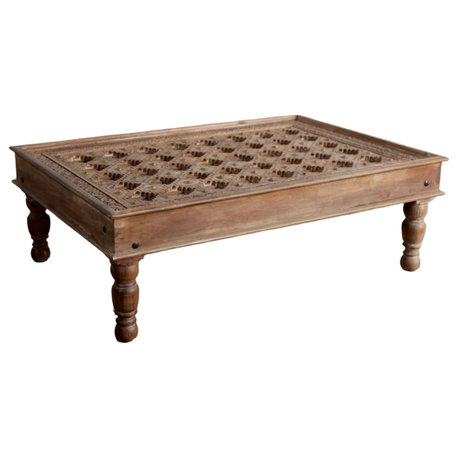 Consigned Antique Carved Farmhouse Coffee Table with Brass Accents 54