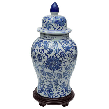 24" Floral Blue and White Porcelain Temple Jar