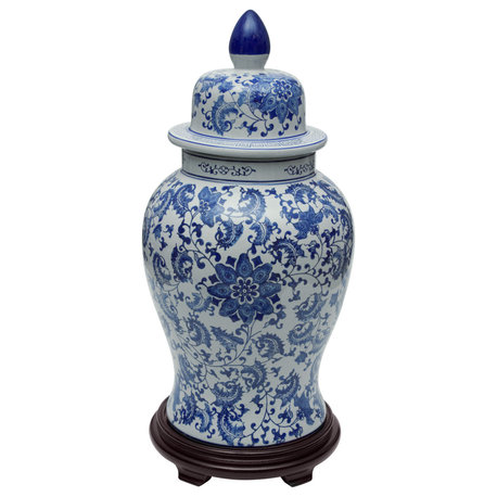 24" Floral Blue and White Porcelain Temple Jar