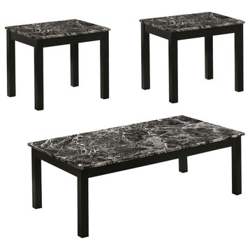 3-Piece Coffee Table and End Table Set, Fauxmarble Surface, Black Motif