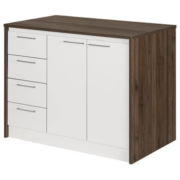 Contemporary Kitchen Island, 4 Drawers & Large Cabinet, Natural Walnut/White
