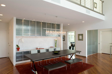 Inspiration for a mid-sized contemporary medium tone wood floor and brown floor dining room remodel in New York with white walls and no fireplace