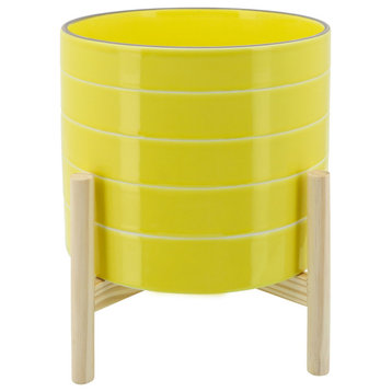 10" Striped Planter W/ Wood Stand, Yellow