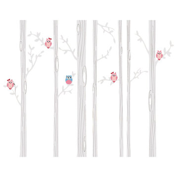 Large Birch Tree Nursery Wall Decal Set With Owls, White Trees/Pink Owls, 96" (8