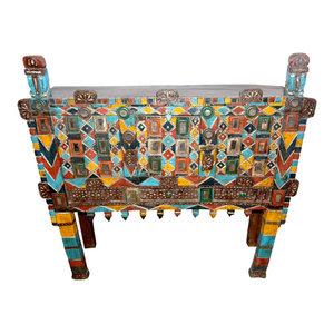 Mogul Interior - Consigned Antique Sideboard Colorful Vagabond Banjara Damchia Hand-Carved - Accent Chests And Cabinets