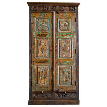 Consigned Farmhouse Rustic Armoire, Reclaimed Wood Russet Green Cabinet