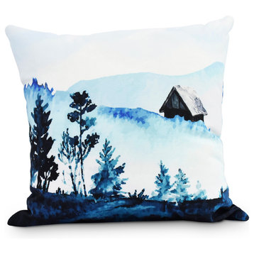 Over the Hills Blue Holiday Print Decorative Outdoor Throw Pillow, 16"