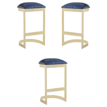 Home Square 29" Faux Leather Barstool in Blue & Polished Brass - Set of 3