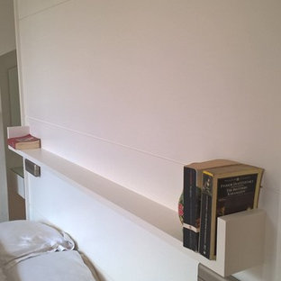 Cette image montre une petite chambre parentale design avec un mur blanc, un sol en bois clair, une cheminée standard et un manteau de cheminée en métal.