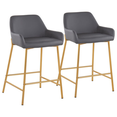 Daniella Fixed-Height Counter Stool, Set of 2, Gold Metal, Gray PU