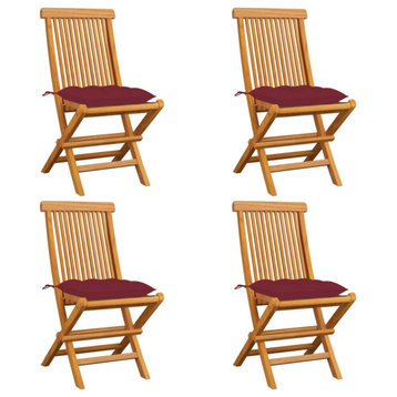 Vidaxl Garden Chairs With Wine Red Cushions, Set of 4, Solid Teak Wood