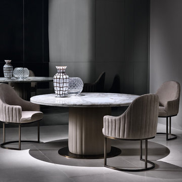 Dining area with luxurious round marble dining table