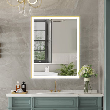 Framed LED Lighted Bathroom Vanity Mirror With Defogger, Gold, 28"x36"
