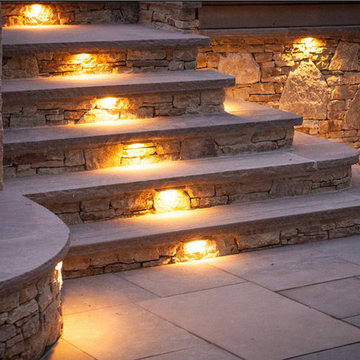 Nature brownstone steps, stone veneer with LED landscape lights