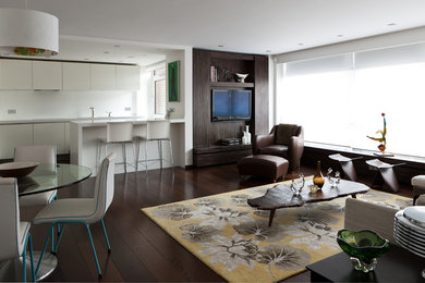 Contemporary living room in London with white walls, dark hardwood flooring and brown floors.