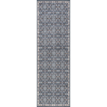 Izel Traditional Brocade Area Rug, Gray, 2'x10' Runner