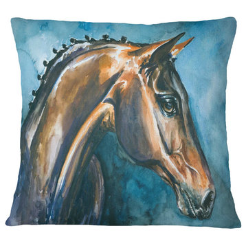 Brown Horse On Blue Watercolor Abstract Throw Pillow, 16"x16"