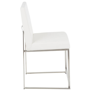 High Back Fuji Dining Chair, Set of 2, Brushed Stainless Steel, White Pu