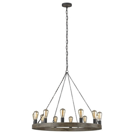 Feiss 12 Light Avenir Chandelier, Weathered Oak Wood/Antique Forged Iron