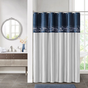 Croscill Vicenza Velvet Satin Embroidered Shower Curtain, Navy Blue