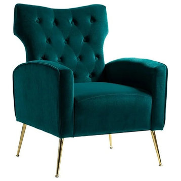 Elegant Accent Chair, Golden Legs With Velvet Seat and Tufted Wingback, Teal