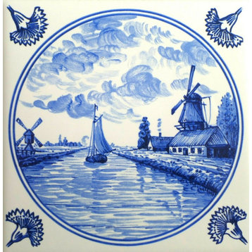 Delft Kiln Fired Ceramic Tiles Blue Wind Mill Ships Dutch Houses, 6-Piece Set
