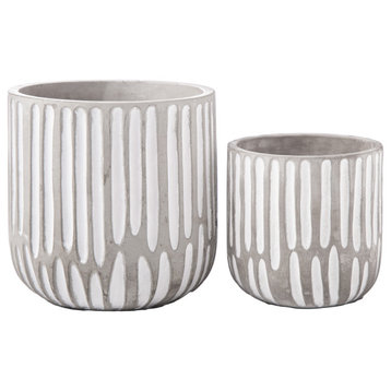 Round Cement Pot with Dripping Design Washed Concrete Gray Finish, Set of 2