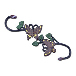 Import Wholesales - Cast Iron S Style Plant Hook, Brown & Yellow Butterflies, 11.75" Long - Planter Hardware And Accessories