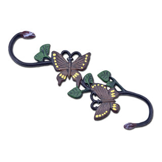Cast Iron S Style Plant Hook, Brown & Yellow Butterflies, 11.75
