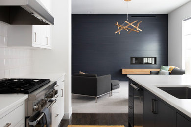 Mid-sized minimalist single-wall dark wood floor and brown floor open concept kitchen photo in Minneapolis with a single-bowl sink, flat-panel cabinets, white cabinets, white backsplash, subway tile backsplash, stainless steel appliances, an island, white countertops and quartzite countertops