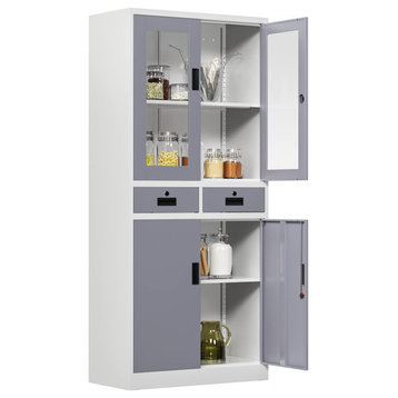 Metal Storage Display Cabinets, Locking, Adjustable & 2 Drawers, White/Gray