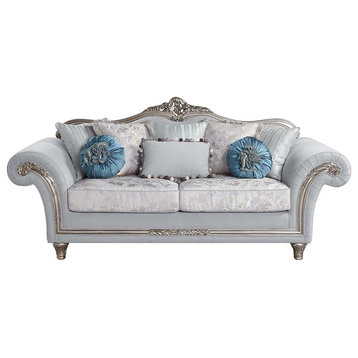 Acme Pelumi Sofa With 8 Pillows Light Gray Linen and Platinum Finish