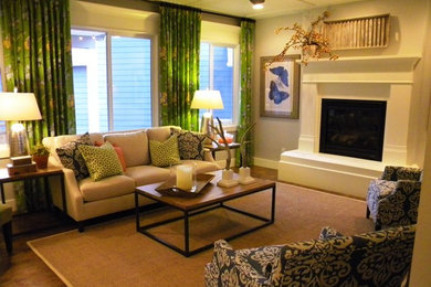 Mid-sized elegant dark wood floor family room photo in Denver with beige walls