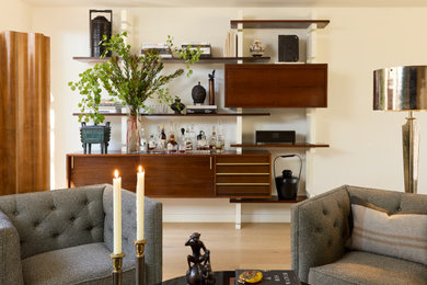 Living room - large 1960s open concept beige floor and light wood floor living room idea in Denver with beige walls