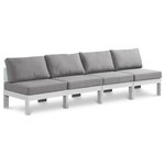 Meridian Furniture - Nizuc Water Resistant Patio Modular Straight Sofa, Gray, 4-Piece: 4 Armless Chair, White Aluminum Frame - Pick and choose your favorites from the Nizuc collection to create a modular seating group the whole gang will enjoy. The sturdy aluminum frame provides dependable support for friends and family as they relax and unwind, and the resilient grey water resistant fabric stands up to the elements without losing its beautiful demeanor, so you can count on it lasting for the long haul. Latches beneath these seating pieces help you easily attach them to one another for convenient setup.