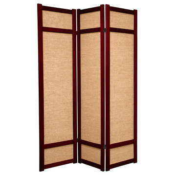 Traditional Room Divider, Wooden Frame With Jute Screens, Rosewood/3 Panels