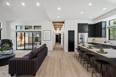 Example of a mid-sized trendy galley light wood floor open concept kitchen design in Other with shaker cabinets, black cabinets, quartz countertops, white backsplash, stainless steel appliances, an island and white countertops