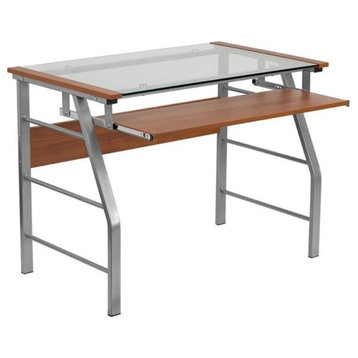 Scranton & Co Tempered Glass Computer Desk with Pull Out Keyboard in Cherry