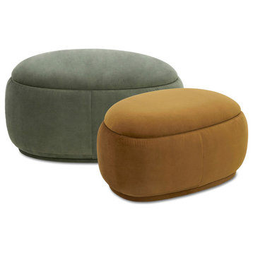 Bauble 35" & 26" Rounded Pebble Storage Ottomans, Set of 2, Sage Green & Earthy Yellow Microfiber Velvet