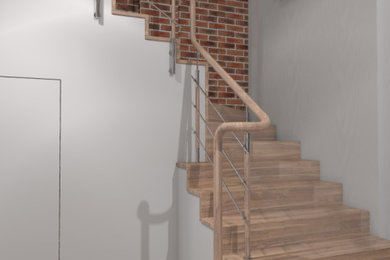 Источник вдохновения для домашнего уюта: угловая деревянная лестница среднего размера в стиле модернизм с деревянными ступенями и металлическими перилами