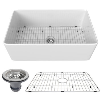 White Ceramic Single Bowl Farmhouse Apron Kitchen Sink with Sink Grid, 33"18"