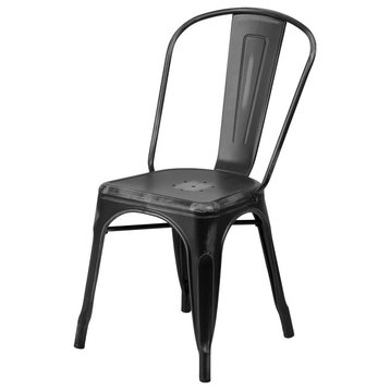 Set of 4 Dining Chair, Metal Frame With Ergonomic Curved Back, Distressed Black