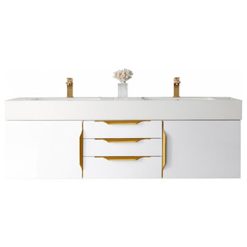 59 Inch Glossy White Floating Bathroom Vanity, Double, Glossy White Top, Outlets