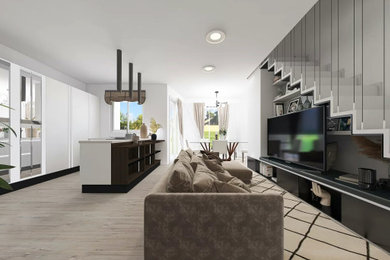 Idee per un soggiorno minimalista di medie dimensioni e aperto con pavimento in gres porcellanato e soffitto ribassato