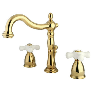 Classic Bathroom, Tall Curved Spout & Crossed White Handles, Polished Brass